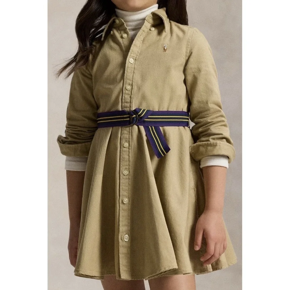 RALPH LAUREN Shirt-Dress Size 4‎ Girls Belted Chino Long Sleeve Khaki